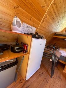 塞尔纳珀苏马维Hobití chatka Lipno的一间小厨房,厨房内装有冰箱,位于一个小房子内