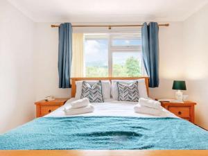 基林3 Bedroom luxury home, hot tub, stunning views of Killin, sitting on the River Dochart的一间卧室配有一张带蓝色毯子的大床