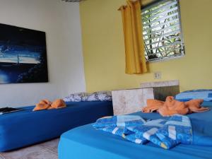 博卡奇卡Boca Brava Lodge的一间房间,有三张蓝色的床,里面装满了动物