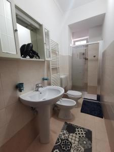 都灵HappyHome, Belissimo appartamento in Torino的一间带水槽、卫生间和镜子的浴室