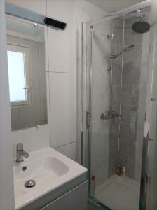 弗勒里莱欧布赖Joli Studio tout équipé a votre disposition的一间带水槽和玻璃淋浴的浴室