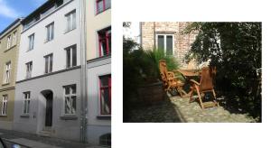 施特拉尔松德Ferienwohnungen Langenstraße - Altstadt的两张建筑照片和一张桌子及椅子