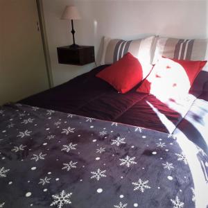 门多萨Departamento FAMILY的一张带红色枕头的床和一张带雪花的毯子