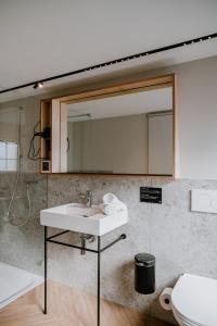 阿尔邦Hotel Müllers Self-Check-In的一间带水槽和镜子的浴室
