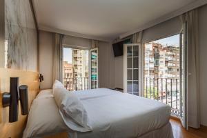 格拉纳达Hotel Dauro Premier的一间卧室设有一张大床和一个大窗户