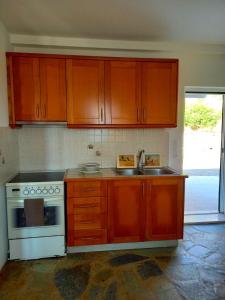 Platia AmmosAthena s House的厨房配有木制橱柜、水槽和炉灶。