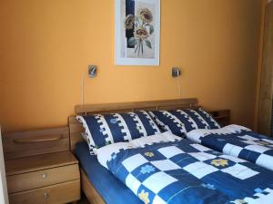 洛伊克巴德Al Ponte 4的一间卧室配有一张带蓝色和白色棉被的床