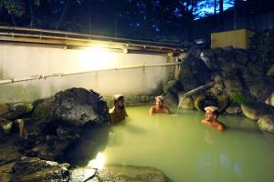 日光奧日光小西酒店的一群男人在热水浴缸中,岩石