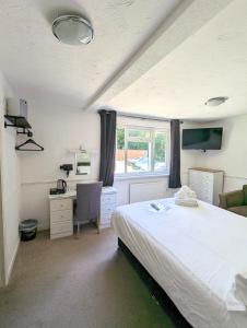 滕比科特奇庭园酒店的一间卧室配有一张床、一张书桌和一个窗户。
