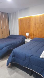 La ConsultaAPART HOTEL Cecilia的卧室内的两张床,配有蓝色棉被