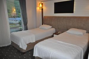 MackaJolnar garden hotel的酒店客房设有两张床和电视。