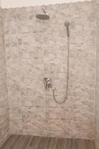 利贝雷茨Penzion YORK的带淋浴的浴室(带石墙)