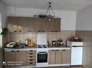 奥赫里德Aleks的厨房配有白色炉灶和白色冰箱。