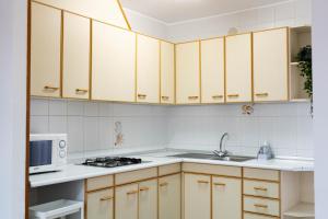 贝纳萨尔APARTAMENTS ROIG的厨房配有木制橱柜、水槽和微波炉