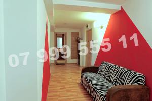 布加勒斯特Cataleya Suites Aparthotel的带沙发和红色墙壁的客厅