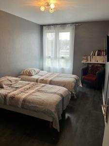 奥尔日河畔布雷蒂尼Chambre d hote au calme的卧室设有两张床,配有窗户和椅子