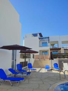 珊瑚湾3 Bedroom Seaview Villa direct in Coral Bay with Pool的庭院里摆放着蓝色的椅子和遮阳伞