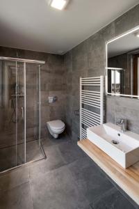 上贝奇瓦Wellness aparthotel Martiňák的一间带水槽、淋浴和卫生间的浴室