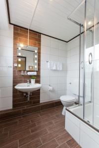 弗雷登Hotel Zum Jägerhaus的一间带水槽、卫生间和淋浴的浴室