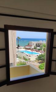 斯塔里斯Dedalos n3 Sea View apartment-30 metres from the beach的享有游泳池和海洋景致的窗户。
