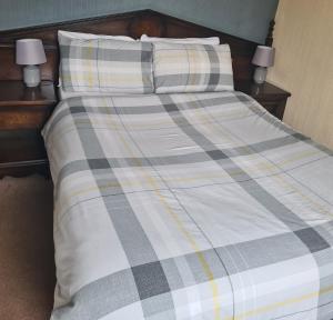 安南昆斯伯里阿姆斯酒店的一张带铺着地毯的床铺和两个枕头