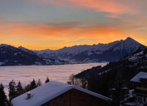 贝阿滕贝格Hotel Fassbind Beausite的享有山谷和雪覆盖的山脉的景色