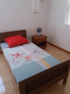 圣安娜Location saisonnière Le Clos des Agrumes的一间卧室配有一张带红色枕头和桌子的床