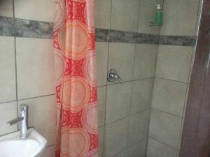 肯普顿帕克Ruros Guest House的一间带红色淋浴帘的淋浴的浴室