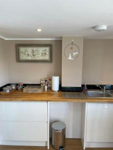 埃文河畔布拉德福Hideaway的一个带白色橱柜和水槽的厨房台面