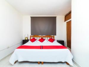 瓜纳华托Los Pueblitos de Guanajuato Hotel的卧室配有带红色枕头的大型白色床