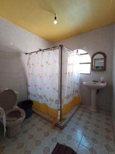 库奥特拉莫雷洛斯Casa De Descanso Cuautla Morelos的带淋浴、卫生间和盥洗盆的浴室