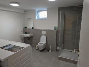 汉诺威纳塔普瓦图特昆弗特酒店的浴室配有卫生间、盥洗盆和淋浴。