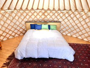 FeldisAlp Jurte Skihütte Feldis的蒙古包内一间卧室,配有一张白色的床