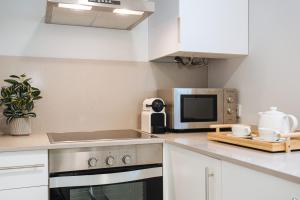 塞维利亚Magno Apartments Guadalquivir Terrace的厨房配有微波炉和炉灶。 顶部烤箱