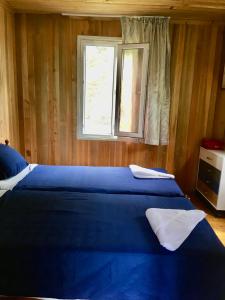卡瓦拉提Green house in Gonio economy class的一间卧室设有两张蓝色的床和窗户