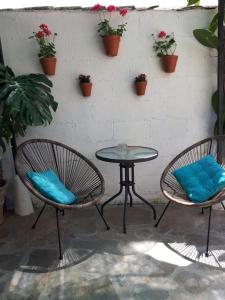 CarcabueyLa Posada Amena的庭院配有两把椅子和一张桌子,还有一些植物