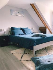 Rozay-en-BrieTrès joli appartement équipé au calme的一间卧室配有一张蓝色床单