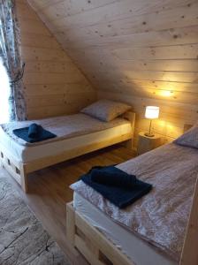 ManiowyDomek na Hubce II的小木屋内一间卧室,配有两张床