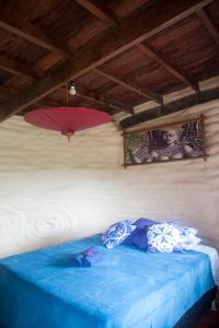 伊比科阿拉Sítio Monte Alegre的卧室配有蓝色的床,墙上挂着两把遮阳伞