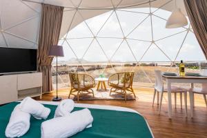 特吉塞Eslanzarote Eco Dome Experience的客房设有带桌椅的大型玻璃圆顶