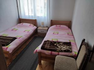 扎布利亚克Apartment Phillip Rooms的一间卧室设有两张床、一把椅子和一个窗户。