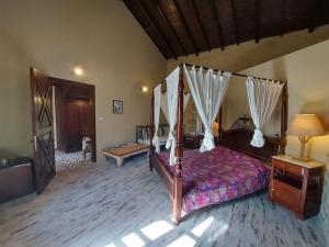 阿拉恰特1882酒店的一间卧室设有一张天蓬床和木地板。