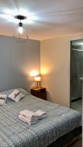 圣卡洛斯-德巴里洛切Berkana hostel Bariloche的一间卧室配有带毛巾的床