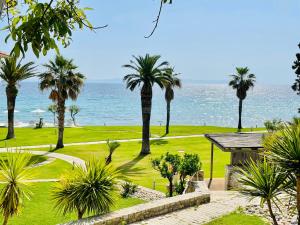 阿菲托斯阿菲提斯精品酒店的享有棕榈树高尔夫球场和大海的景色
