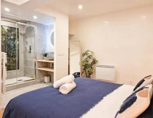 安锡Majord'Home Spa 5* - La Source Cœur Vieille Ville的卧室配有带枕头的大床和窗户。
