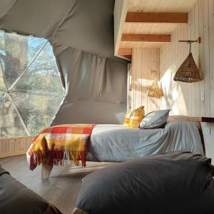 马拉卡韦罗Malalcahuello Eco Glamp的帐篷内一间卧室,配有一张床