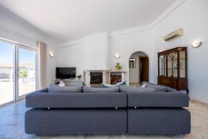 圣巴巴拉-迪内希Villa Mimosa的客厅设有蓝色的沙发和壁炉