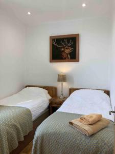 克里夫The Art Loft, Crieff: Town Centre Apartment的卧室配有两张床,墙上挂着鹿的照片