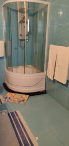 泰基尔吉奥尔Casa Dorina的一间带淋浴的浴室和一本杂志(位于地板上)