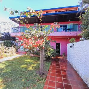 伊瓜苏港Guembe al Rio Hostel的院子里有树的粉红色房子